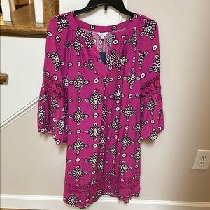 Crown and Ivy New Pink Patterned Dress with Crochet Sleeves